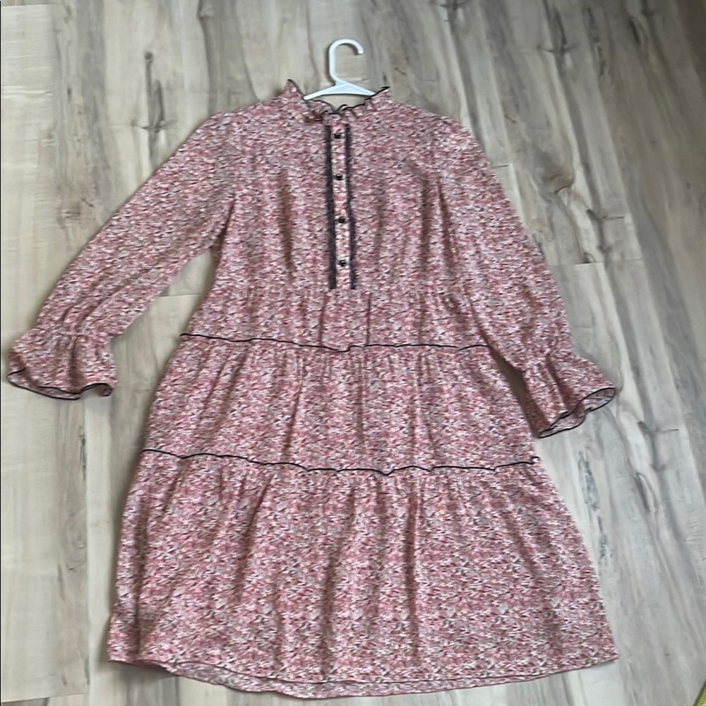 YINER Pink Tiered Dress with Long Bishop Sleeves and Mock Neck